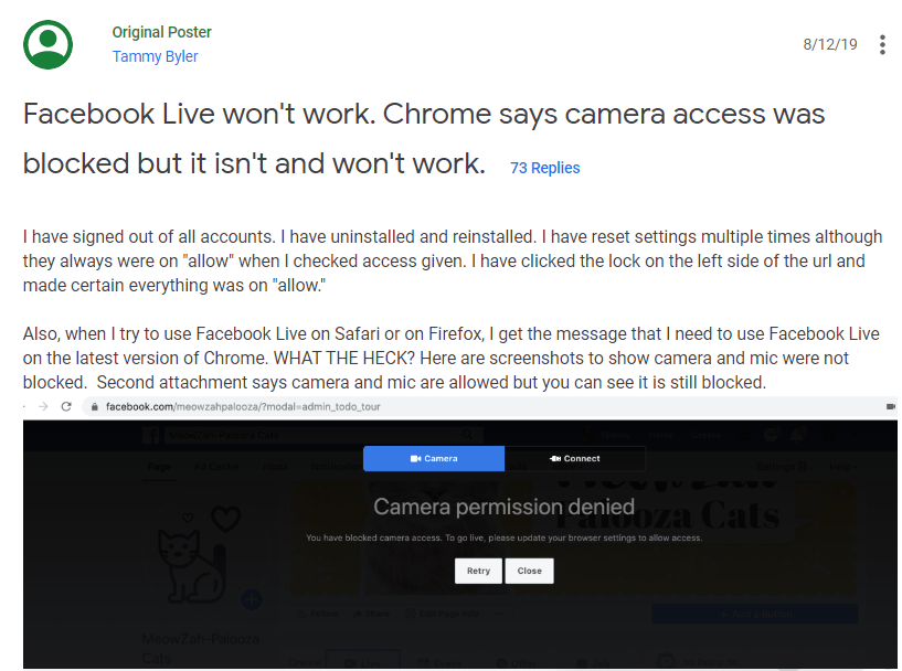 Facebook Live Chrome Issue - Google Support page