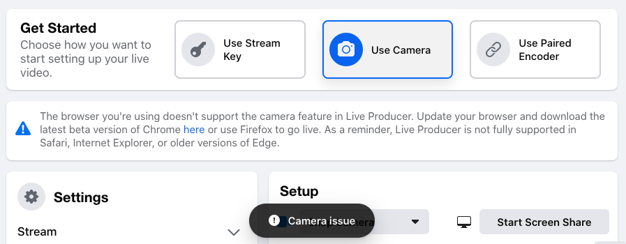 Facebook Live Chrome Issue - Camera Issue