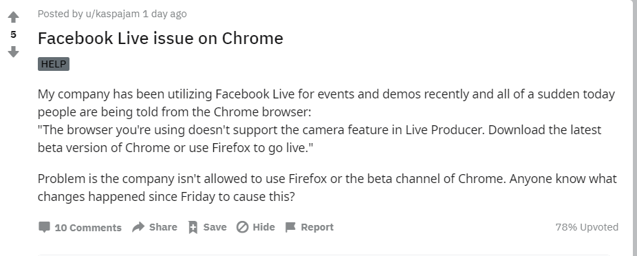 Facebook Live Chrome Issue - Reddit